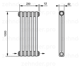 Схема (чертеж) Радиатор Zehnder Charleston 2100/5 №2670 Белый глянцевый RAL 9016
